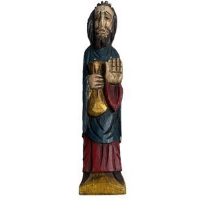 Antique Wooden Polychrome Wall Hanging of Saint With Bag St. Matthew